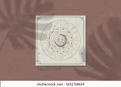 sombra de una hoja tropical en papel. tarjetas tarot, seancia, ilustración sagrada astral. geometría, el sistema solar, los cuerpos cósmicos, el sol y la luna. Gráficos vectoriales