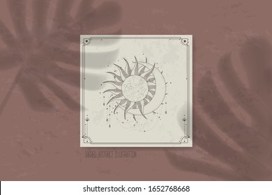 shadow of a tropical leaf on paper. tarot cards, seance, astral sacred illustration. geometry, the solar system, cosmic bodies, the sun and the moon. Vector graphics