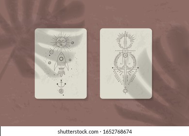 shadow of a tropical leaf on paper. tarot cards, seance, astral sacred illustration. geometry, the solar system, cosmic bodies, the sun and the moon. Vector graphics