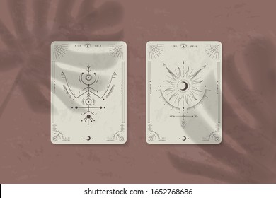 sombra de una hoja tropical en papel. tarjetas tarot, seancia, ilustración sagrada astral. geometría, el sistema solar, los cuerpos cósmicos, el sol y la luna. Gráficos vectoriales