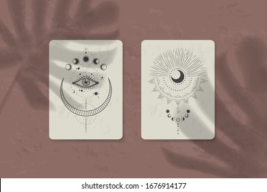 shadow of a tropical leaf on paper. tarot cards, seance, astral sacred illustration. geometry, the solar system, cosmic bodies, the sun and the moon. Vector graphics