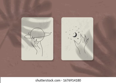 shadow of a tropical leaf on paper. tarot cards, seance, astral sacred illustration. geometry, the solar system, cosmic bodies, the sun and the moon. Vector graphics