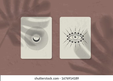 shadow of a tropical leaf on paper. tarot cards, seance, astral sacred illustration. geometry, the solar system, cosmic bodies, the sun and the moon. Vector graphics