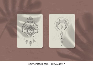 shadow of a tropical leaf on paper. tarot cards, seance, astral sacred illustration. geometry, the solar system, cosmic bodies, the sun and the moon. Vector graphics