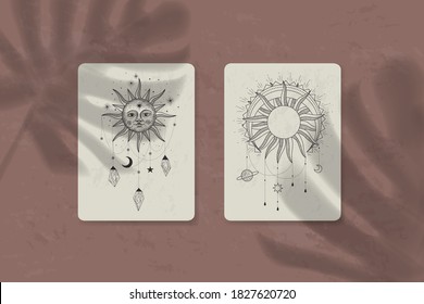 shadow of a tropical leaf on paper. tarot cards, seance, astral sacred illustration. geometry, the solar system, cosmic bodies, the sun and the moon. Vector graphics