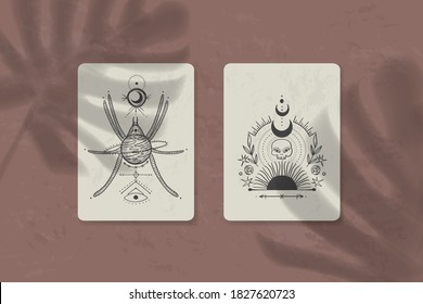shadow of a tropical leaf on paper. tarot cards, seance, astral sacred illustration. geometry, the solar system, cosmic bodies, the sun and the moon. Vector graphics