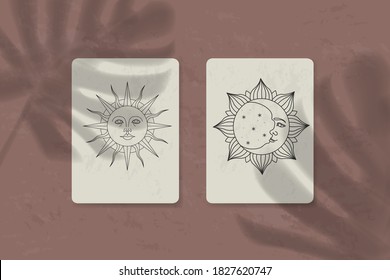 shadow of a tropical leaf on paper. tarot cards, seance, astral sacred illustration. geometry, the solar system, cosmic bodies, the sun and the moon. Vector graphics