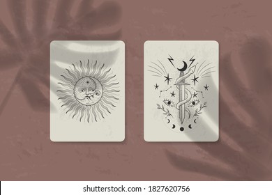 shadow of a tropical leaf on paper. tarot cards, seance, astral sacred illustration. geometry, the solar system, cosmic bodies, the sun and the moon. Vector graphics