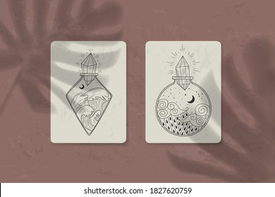 shadow of a tropical leaf on paper. tarot cards, seance, astral sacred illustration. geometry, the solar system, cosmic bodies, the sun and the moon. Vector graphics