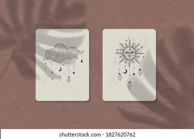 shadow of a tropical leaf on paper. tarot cards, seance, astral sacred illustration. geometry, the solar system, cosmic bodies, the sun and the moon. Vector graphics