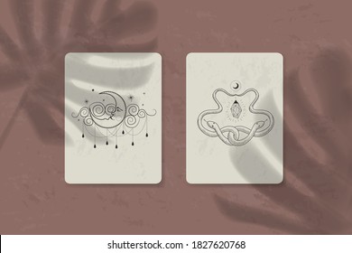 shadow of a tropical leaf on paper. tarot cards, seance, astral sacred illustration. geometry, the solar system, cosmic bodies, the sun and the moon. Vector graphics