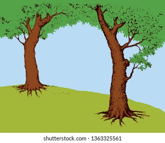 Shadow of two old oaks on vibrant glade field isolated on cyan backdrop. Bright color hand drawn picture sketchy in retro art doodle graphic style with space for text on light blue sky