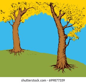Shadow of two old oaks on vibrant green glade field isolated on cyan backdrop. Bright color hand drawn picture sketchy in retro art doodle graphic style with space for text on light blue sky