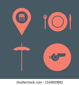 shadow vector icons set. with whistle, store location, plate folk knife and beach umbrella in set