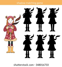 Shadow watching game: cute girl in winter clothes with a cup of tea. Game with silhouettes for children. 