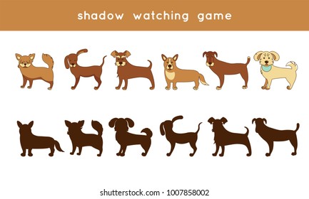 Shadow watching game: different breeds of dogs. Game with silhouettes for children. Find the correct  shadow.