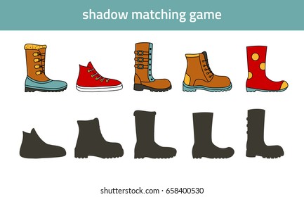 Shadow watching game: shoes. Shoe game with silhouettes for children 