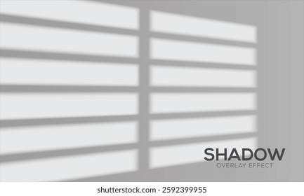 Shadow of window blinds. Shade on transparent background. Overlay effect plant leaf. Reflection shadow blinds. Light from window on wall office. Realistic soft shade blind. Horizontal mockup. Vector 