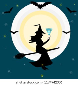 Shadow of a witch riding a broom holding a cell phone, moon, bat and stars at night, vector image