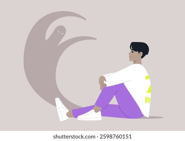 Shadow work illustrated as a character sitting in reflective posture, embracing their uncomfortable emotions against a soft, neutral backdrop, evoking a sense of calm contemplation and self-discovery