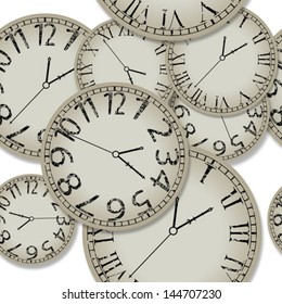 shadowed clocks pattern, abstract seamless texture, vector art illustration, image contains transparency