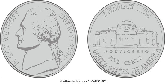 Shadowed illustration of American nickel coin, both sides front and back, two color silver gray. Illustrator eps vector graphic design.