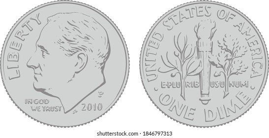 Shadowed illustration of United States dime coin both sides front and back. Illustrator eps vector graphic design.