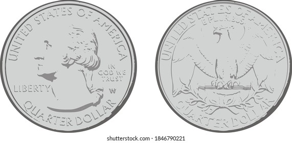 Shadowed illustration of United States quarter dollar coin, two color silver gray. Illustrator eps vector graphic design. svg