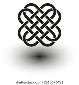 Shadowed knot icon. Interlaced loop form. Traditional vector symbol. Floating black shape.