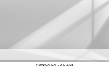 Shadow,Light Background.Sunlight White Color Effect on Wall and Podium Stage for Cosmetic,3D Kitchen Room Studio with Shelf or Desk Counter with Empty Space.Spring Scene for Business Product Display