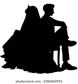 Shadows of the bride and groom sitting on a chair on transparent background