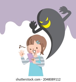 Shadows creeping on children using smartphones  Internet, crime, fraud
