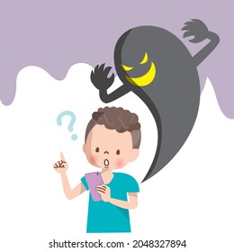 Shadows creeping on children using smartphones  Internet, crime, fraud