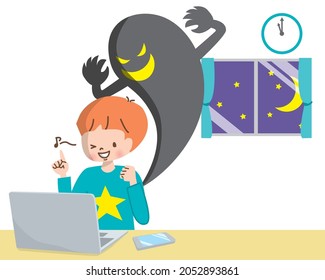 Shadows creeping up on kids looking at their computers Internet, crimes, scams