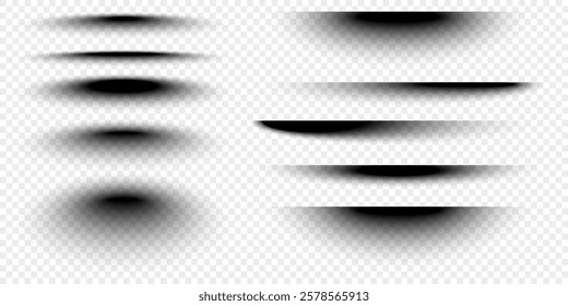 Shadows effects set. Different realistic soft black shapes. Divider lines, round and oval shades. Vector illustration isolated on transparent background.