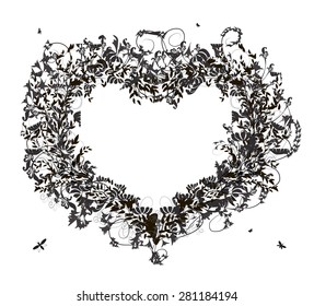shadows flowers, heart flower frame, summer love, vector, black and white, marriage