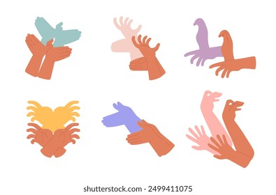 Sombras de gestos con las manos. La colección de los juegos de sombras de Vector presenta animales y pájaros creados con gestos con los dedos. Iconos creativos con estilo de dibujos animados planos para una variedad de usos.