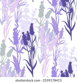 shadows of lavender flowers, lavender field bushes silhouette seamless pattern. Floral blossom bloom pattern background spring floral plants grass print