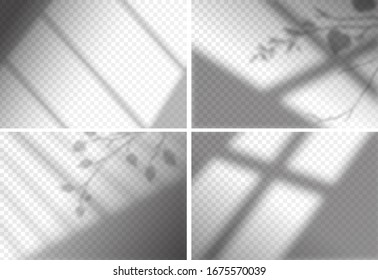 Shadows overlay mock ups effects transparent set for presentation. Horizontal format mockups. Scenes of natural lighting. Realistic vector illustration. Leaves and window frames monochrome overlays 