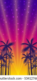 The shadows of palm trees on a sunset and evening shining stars background.