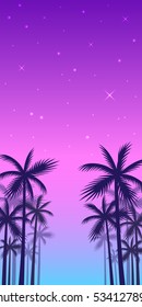 The shadows of palm trees on a sunset and evening shining stars background.