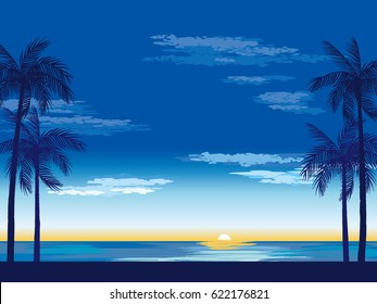 The Shadows Of Palm Trees On A Sunset Background