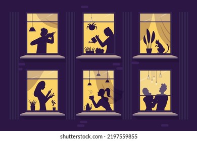 Shadows of people in windows of house at night vector illustration. Cartoon dark silhouettes of girl drinking tea and man playing violin, woman holding phone, couple standing behind curtain background