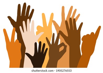 Shadows of Raised hands of different race skin color on white background. Flat Vector illustration