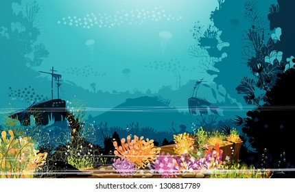 Shadows of the ship - the sea in summer - creatures and beautiful coral reefs with fish in the blue sea, nature illustrations - vector