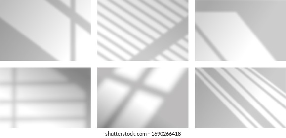 Shadows soft overlay effects transparent on white wall set for presentation. Horizontal format mock-ups. Scenes of natural lighting. Realistic vector illustration Window and jalousie frames monochrome