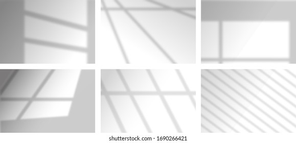Schatten weiche Overlay-Effekte transparent auf weißen Wandset zur Präsentation. Horizontale Formatvorlagen. Szenen der natürlichen Beleuchtung. Realistische Vektorillustration-Illustrationsfenster und Jalousie-Rahmen monochrom