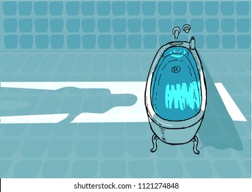 A shadowy figure opens a door and goes inside the bathroom with a tub. Editable Art.