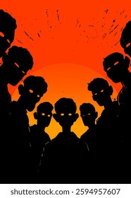 shadowy figures, possibly children or young adults, silhouetted against a vibrant orange sunset backdrop. The figures are depicted in a simplistic, almost cartoonish style, with large, white eyes 