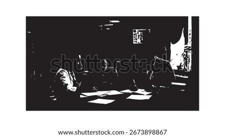Shadowy figures at a table with scattered papers